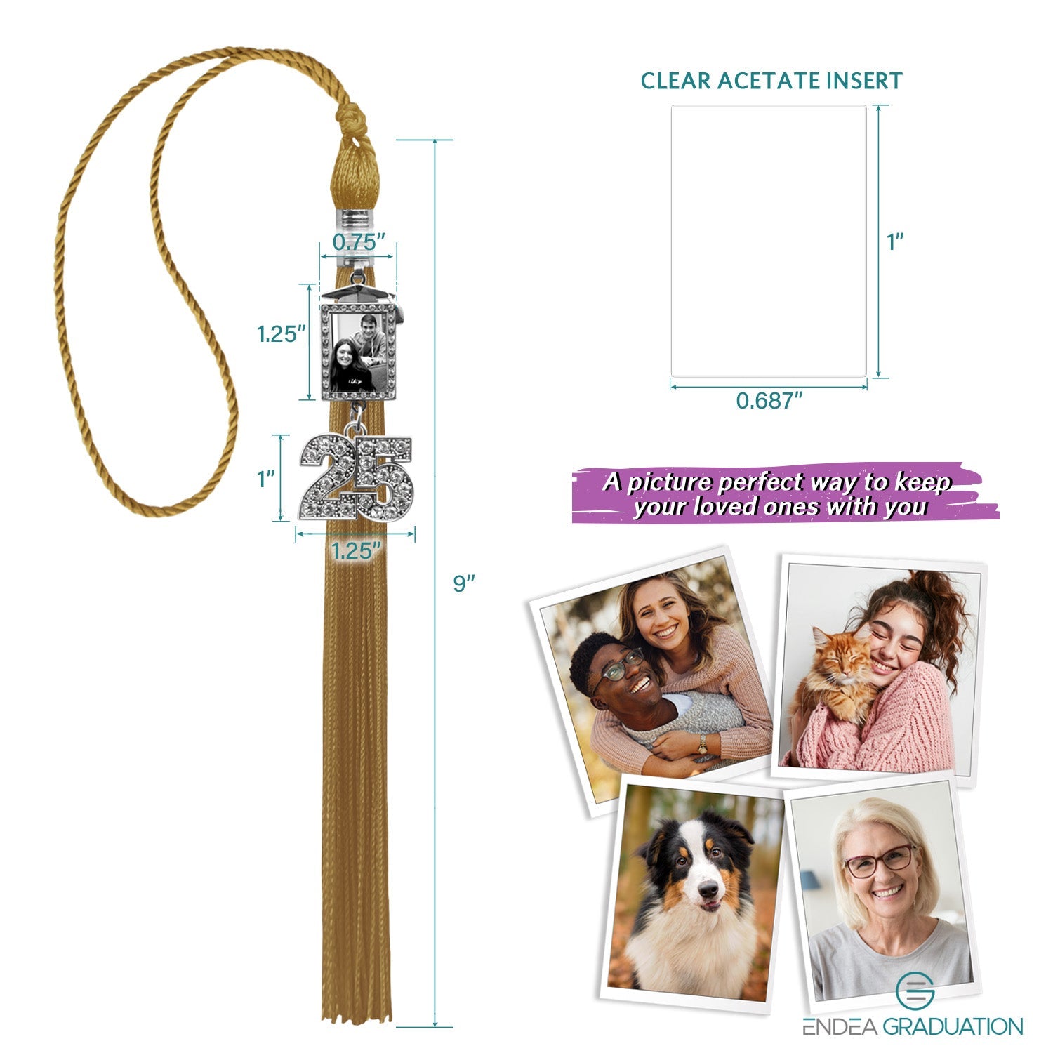 Antique Gold Tassel with Photo Frame Charm and Bling Charm - Endea Graduation