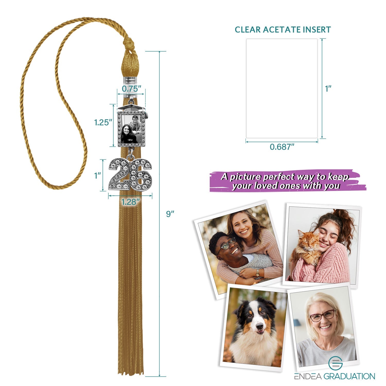 Antique Gold Tassel with Photo Frame Charm and Bling Charm - Endea Graduation
