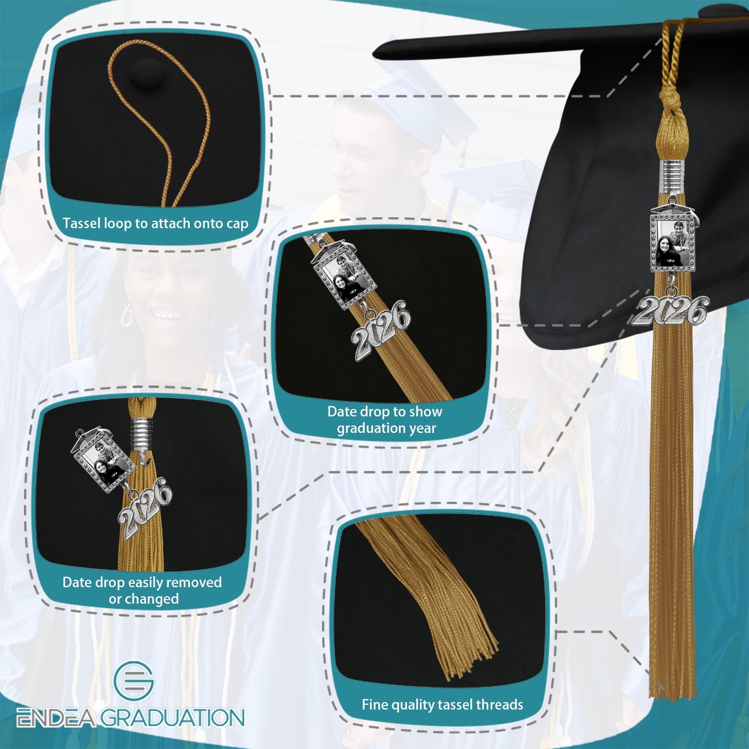 Antique Gold Tassel With Photo Frame Charm and Year Date Drop - Endea Graduation