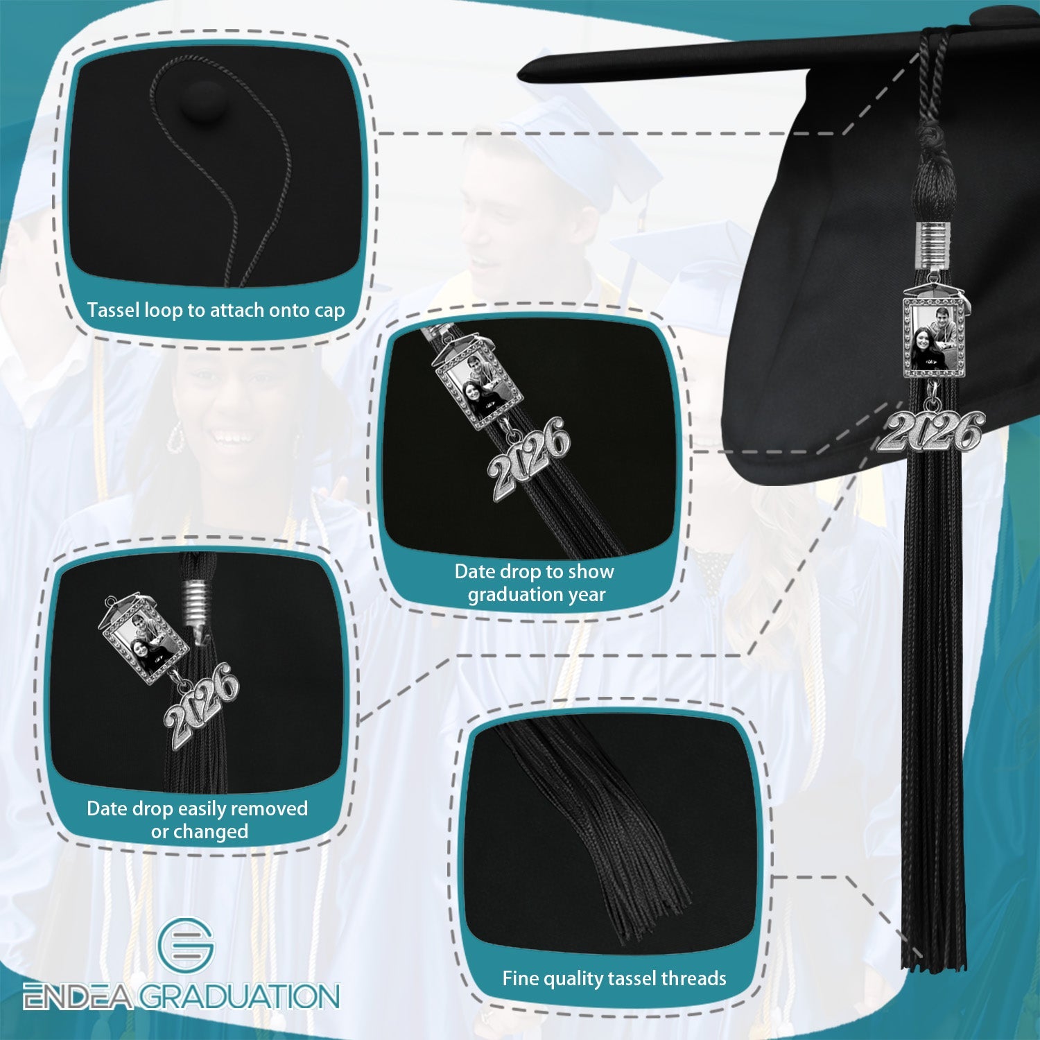 Black Tassel with Photo Frame Charm and Year Date Drop - Endea Graduation
