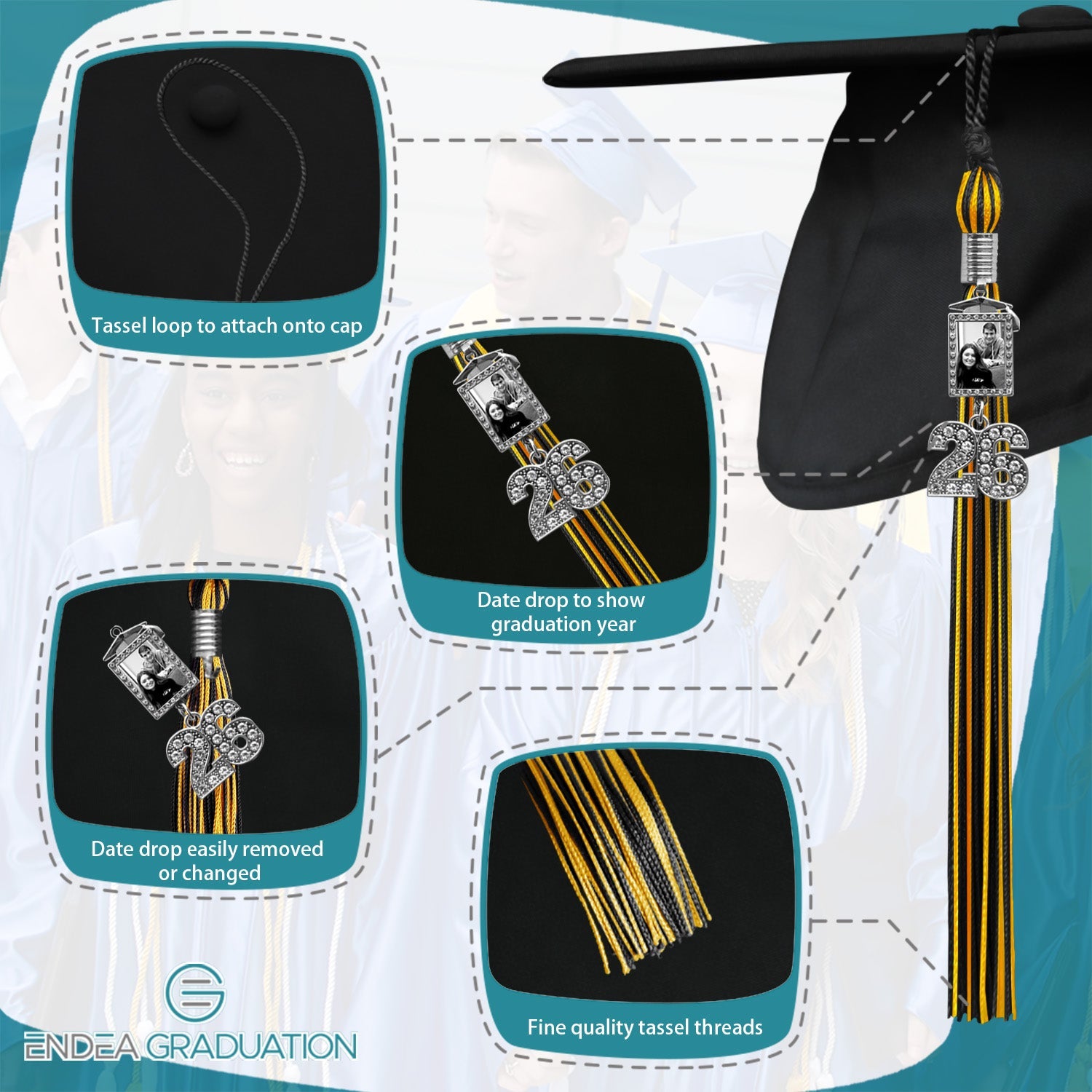 Black/Gold Tassel with Photo Frame Charm and Bling Charm - Endea Graduation