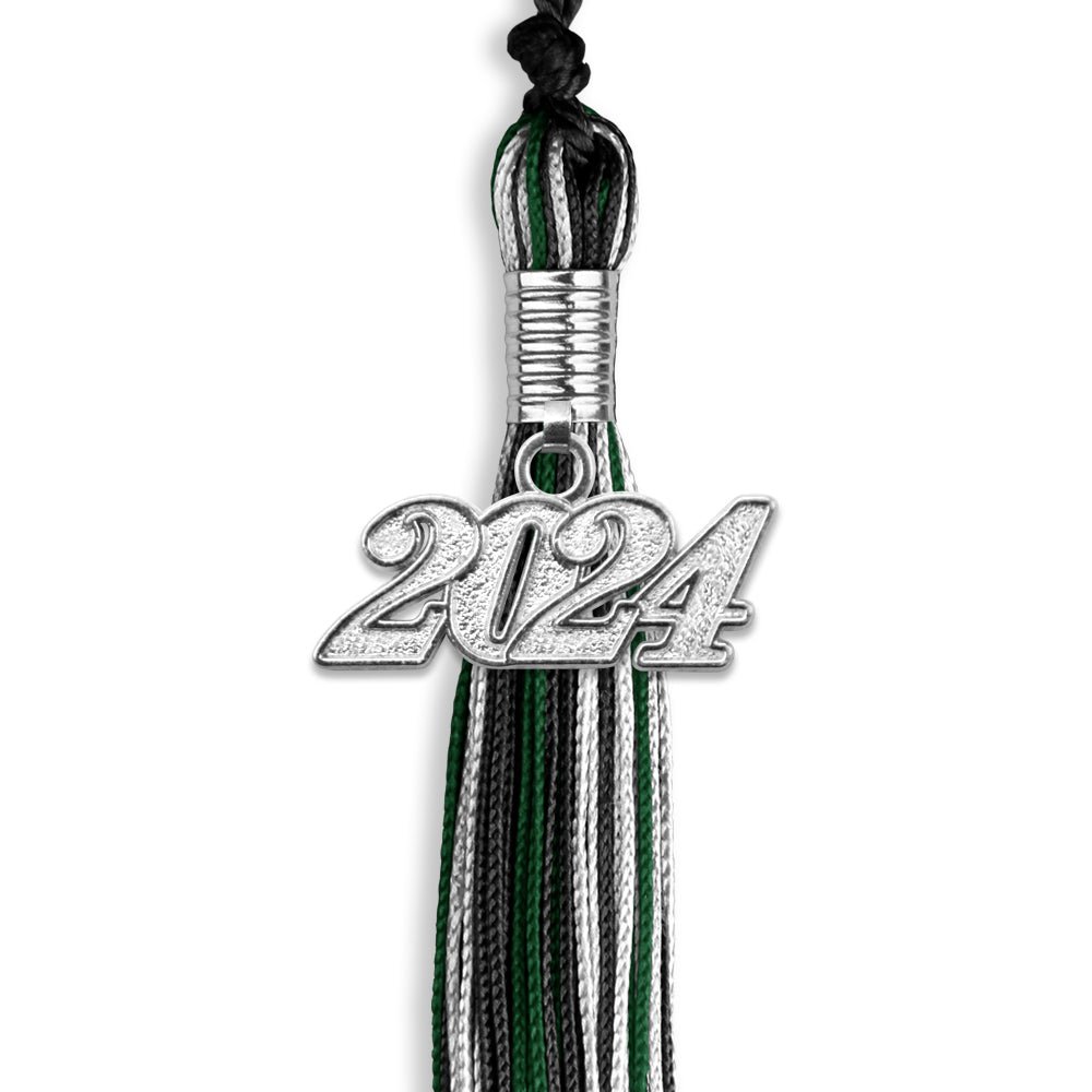 Black/Hunter Green/White Mixed Color Graduation Tassel with Silver Date Drop - Endea Graduation