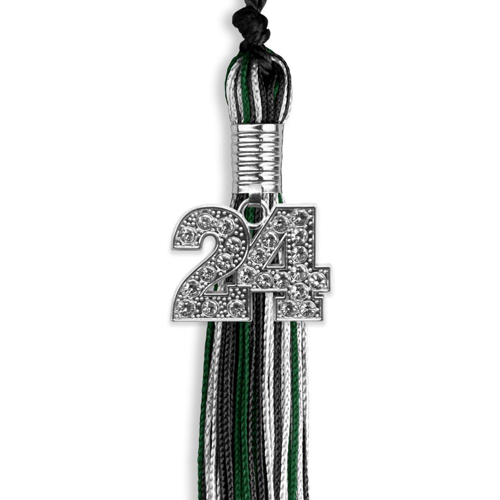 Black/Hunter Green/White Mixed Color Graduation Tassel with Silver Date Drop - Endea Graduation