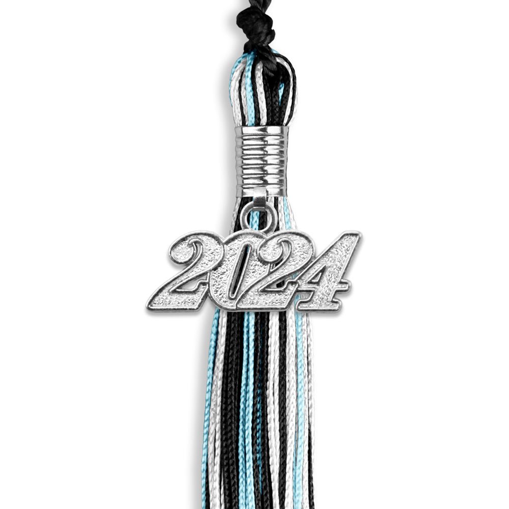 Black/Light Blue/White Mixed Color Graduation Tassel with Silver Date Drop - Endea Graduation