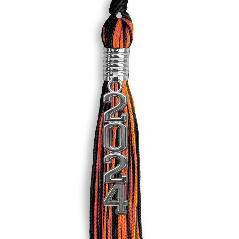 Black/Orange Mixed Color Graduation Tassel with Stacked Silver Date Drop - Endea Graduation