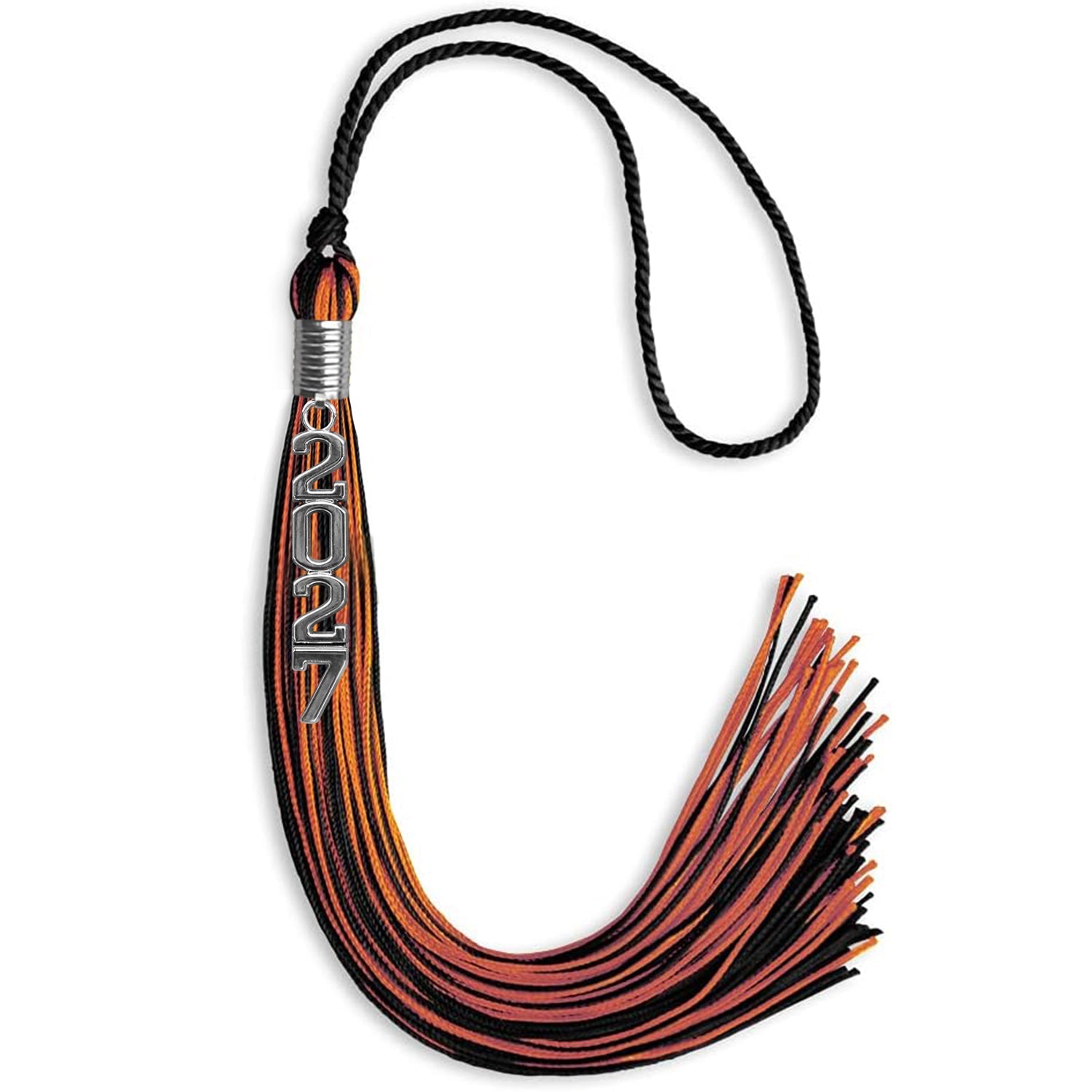 Black/Orange Mixed Color Graduation Tassel with Stacked Silver Date Drop - Endea Graduation