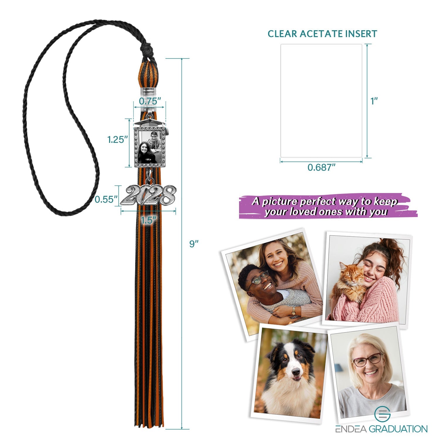 Black/Orange Tassel with Photo Frame Charm and Year Date Drop - Endea Graduation