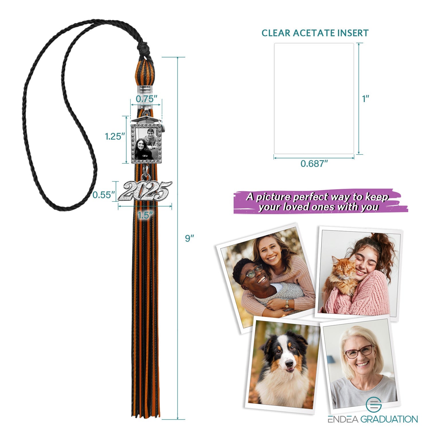 Black/Orange Tassel with Photo Frame Charm and Year Date Drop - Endea Graduation