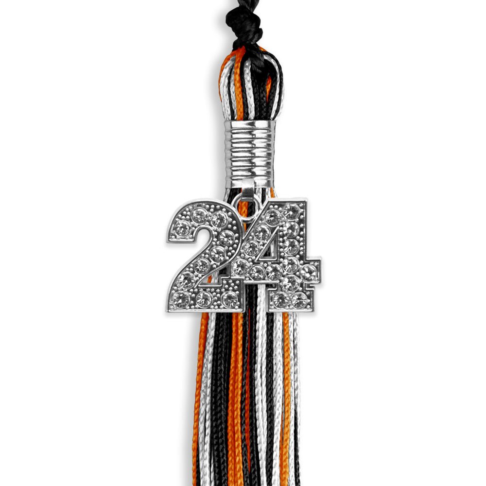 Black/Orange/White Mixed Color Graduation Tassel with Silver Date Drop - Endea Graduation