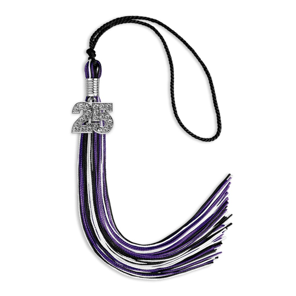 Black/Purple/White Mixed Color Graduation Tassel with Silver Date Drop - Endea Graduation
