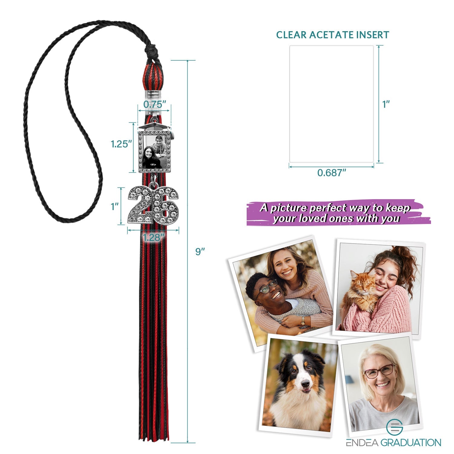 Black/Red Tassel with Photo Frame Charm and Bling Charm - Endea Graduation