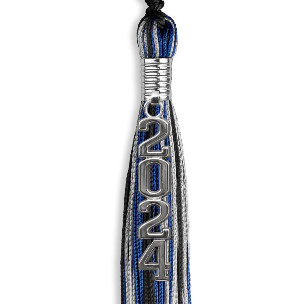 Black/Royal Blue/Silver Mixed Color Graduation Tassel with Silver Stacked Date Drop - Endea Graduation