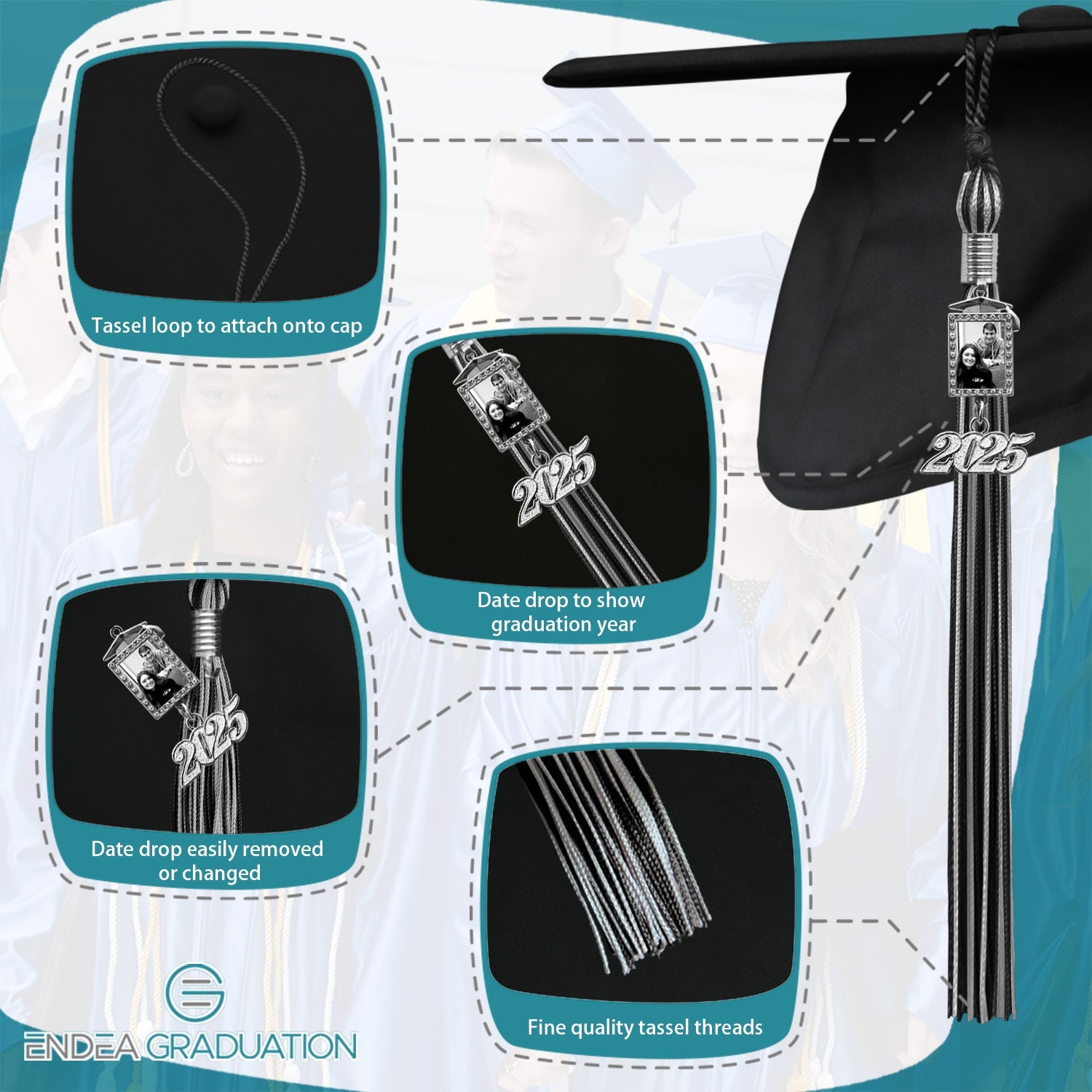 Black/Silver Tassel with Photo Frame Charm and Year Date Drop - Endea Graduation