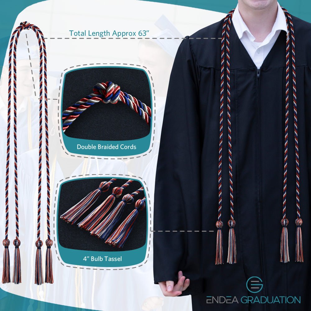 Double Graduation Honor Cord Royal Blue/Red/White - Endea Graduation