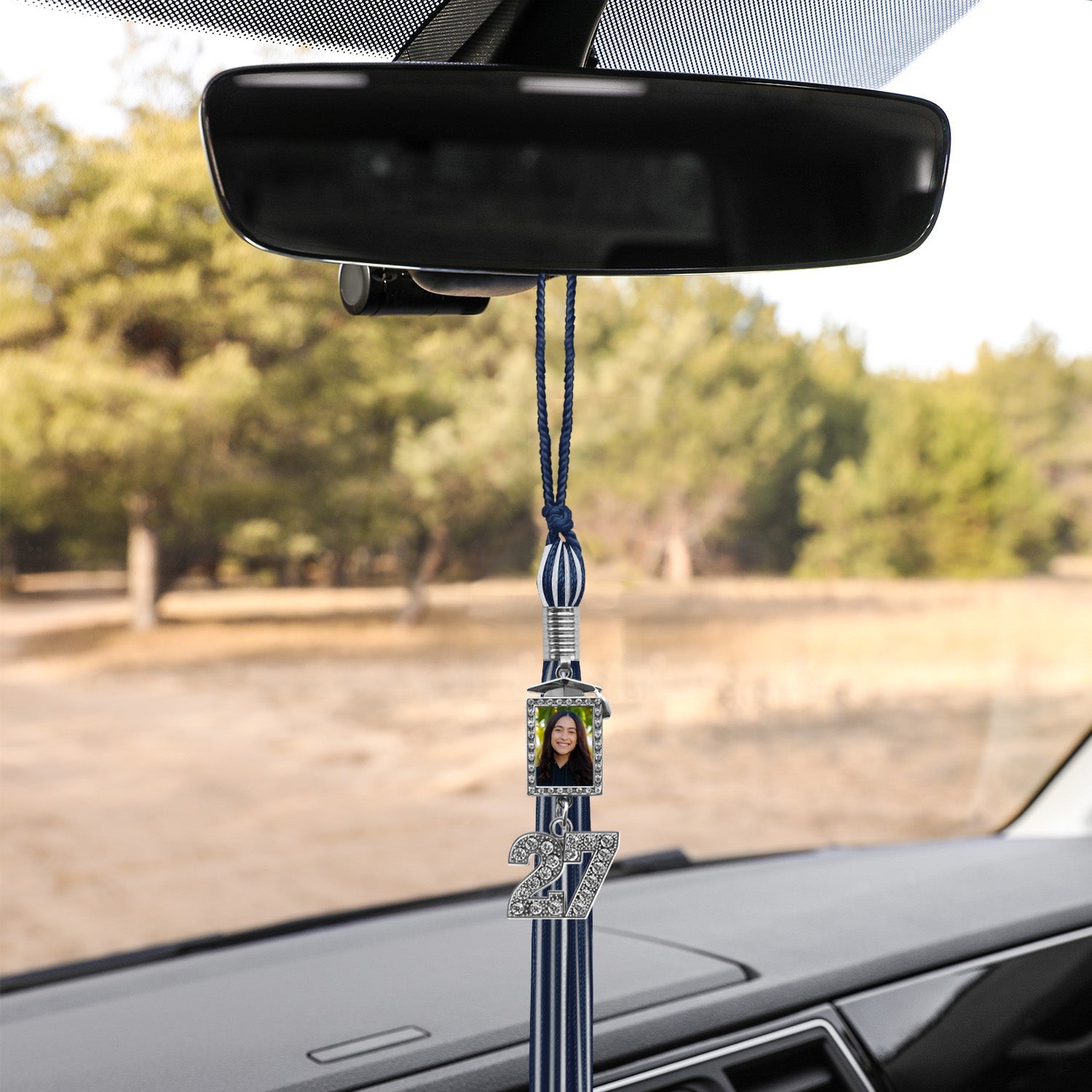 Navy Blue/White Tassel with Photo Frame Charm and Bling Charm - Endea Graduation
