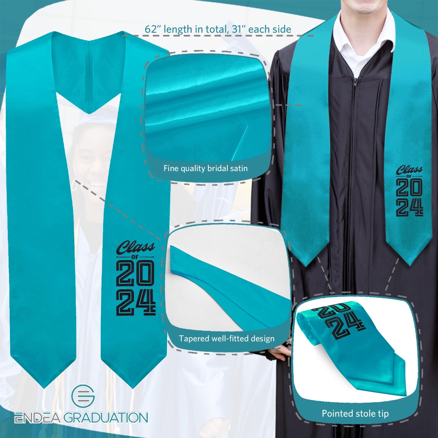 Peacock Class of 2024 Graduation Stole/Sash with Classic Tips - Endea Graduation