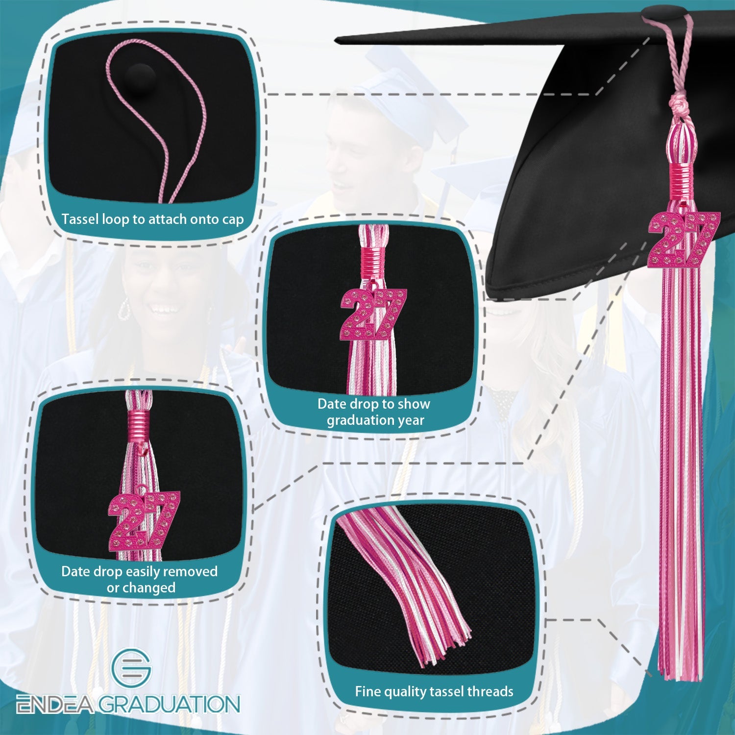 Pink/Hot Pink/White Mixed Color Graduation Tassel with Pink Date Drop - Endea Graduation