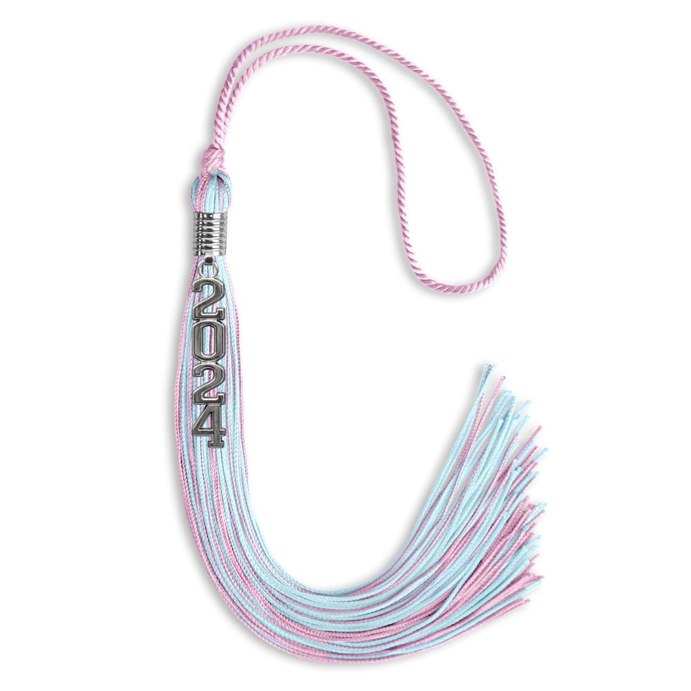 Pink/Light Blue Mixed Color Graduation Tassel with Stacked Silver Date Drop - Endea Graduation
