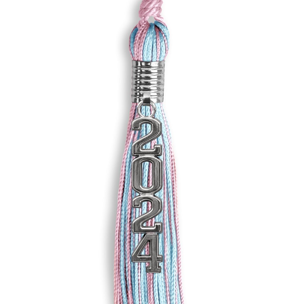Pink/Light Blue Mixed Color Graduation Tassel with Stacked Silver Date Drop - Endea Graduation