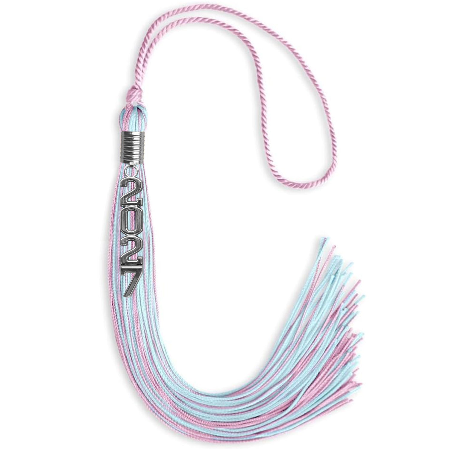 Pink/Light Blue Mixed Color Graduation Tassel with Stacked Silver Date Drop - Endea Graduation