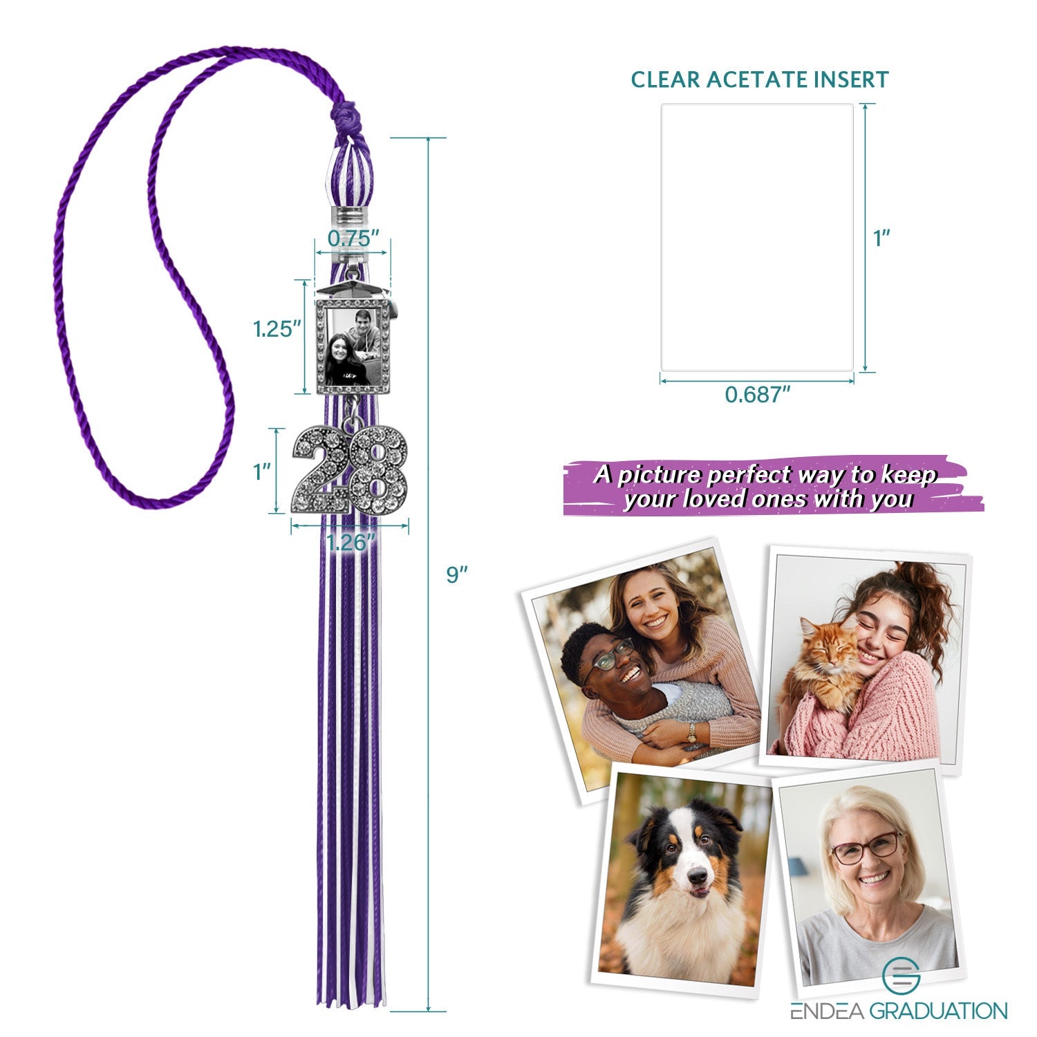 Purple/White Tassel with Photo Frame Charm and Bling Charm - Endea Graduation