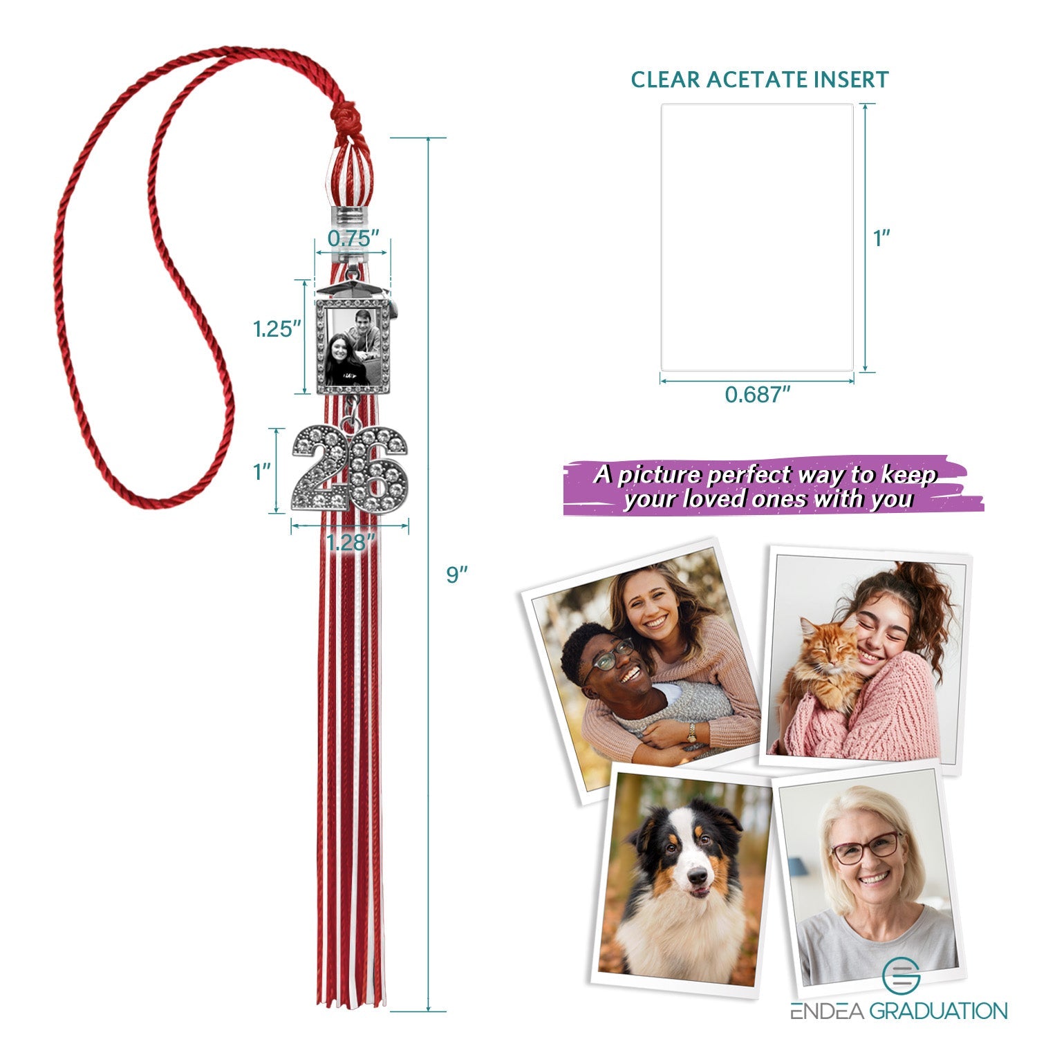 Red/White Tassel with Photo Frame Charm and Bling Charm - Endea Graduation
