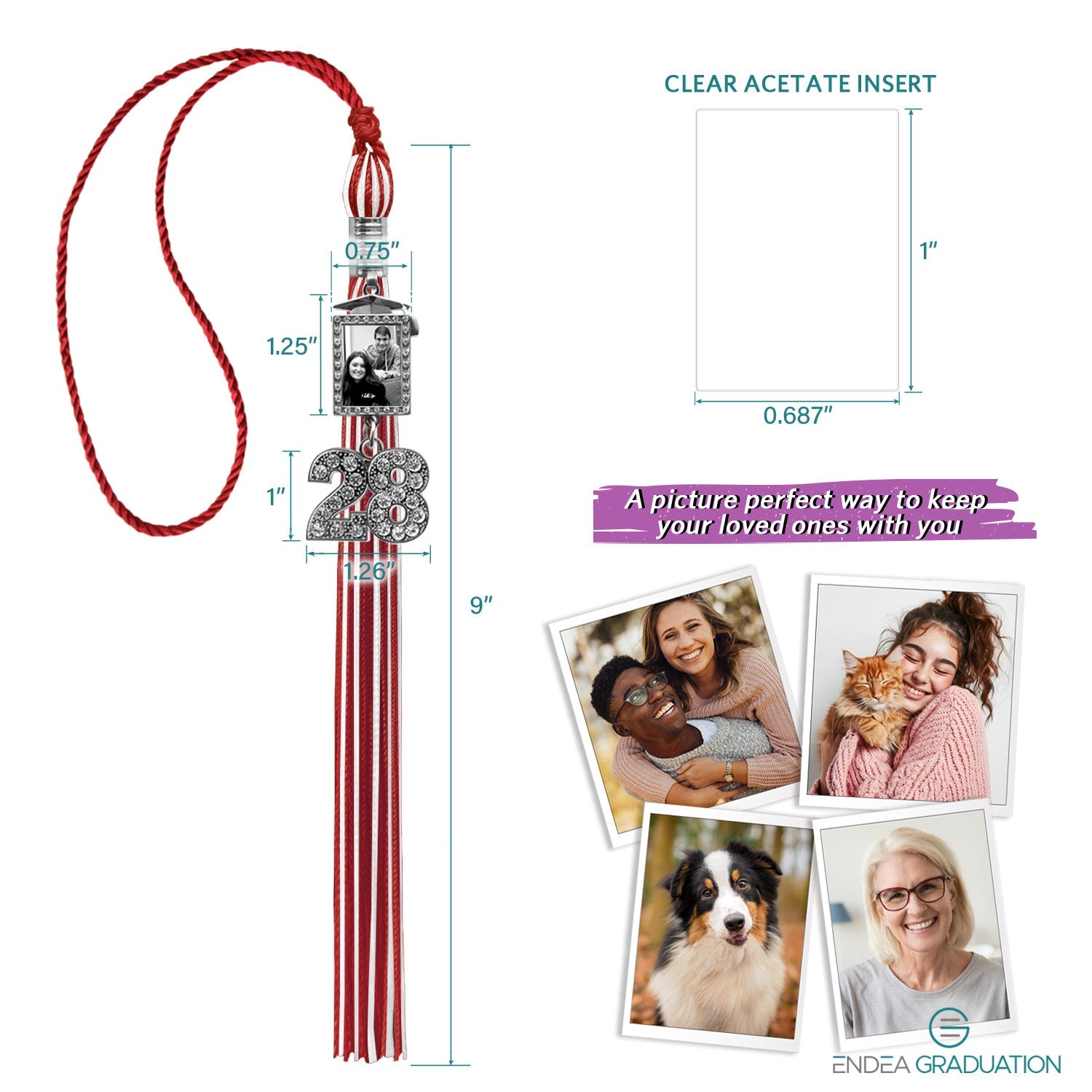 Red/White Tassel with Photo Frame Charm and Bling Charm - Endea Graduation