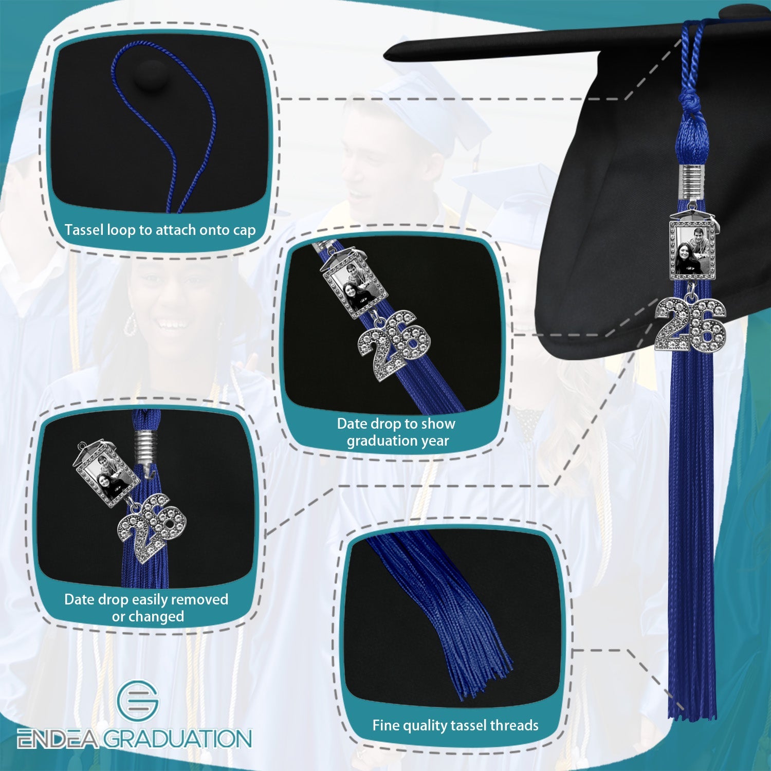 Royal Blue Tassel with Photo Frame Charm and Bling Charm - Endea Graduation