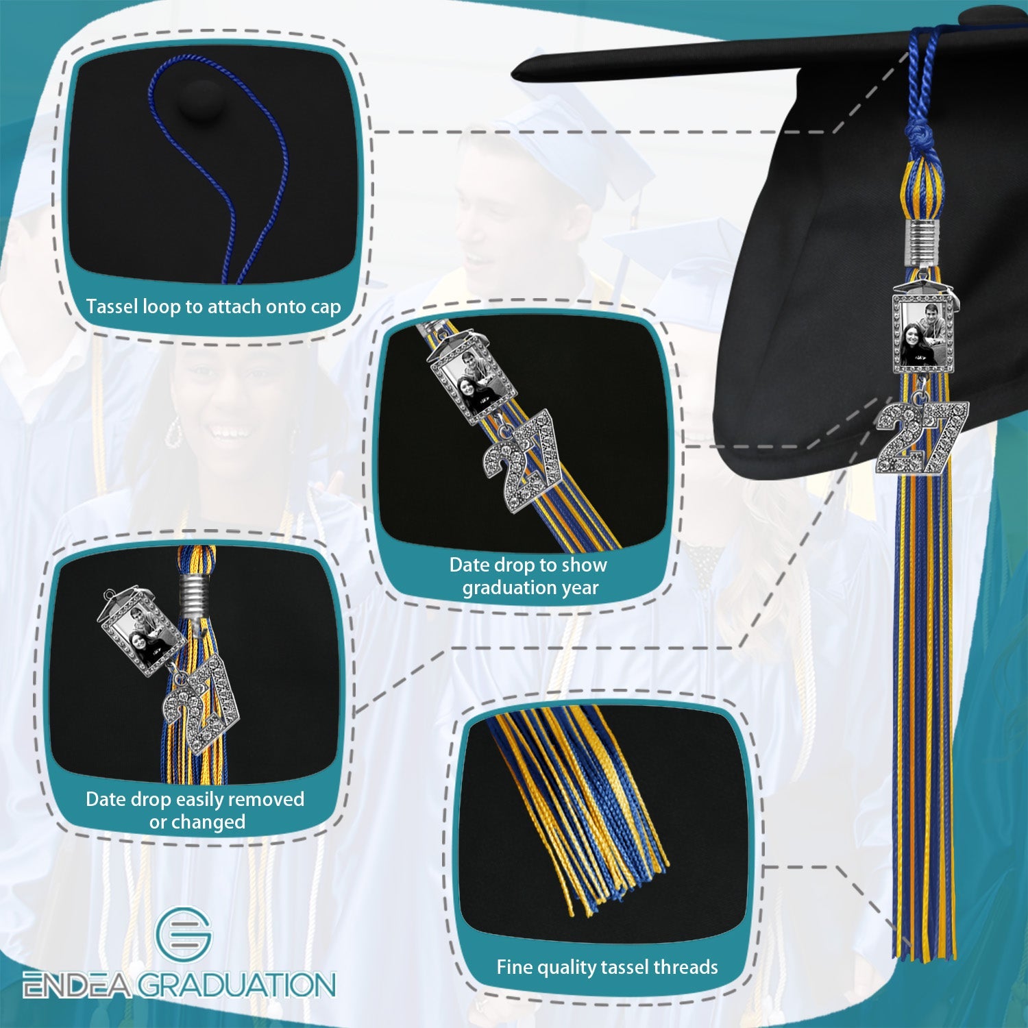 Royal Blue/Gold Tassel with Photo Frame Charm and Bling Charm - Endea Graduation