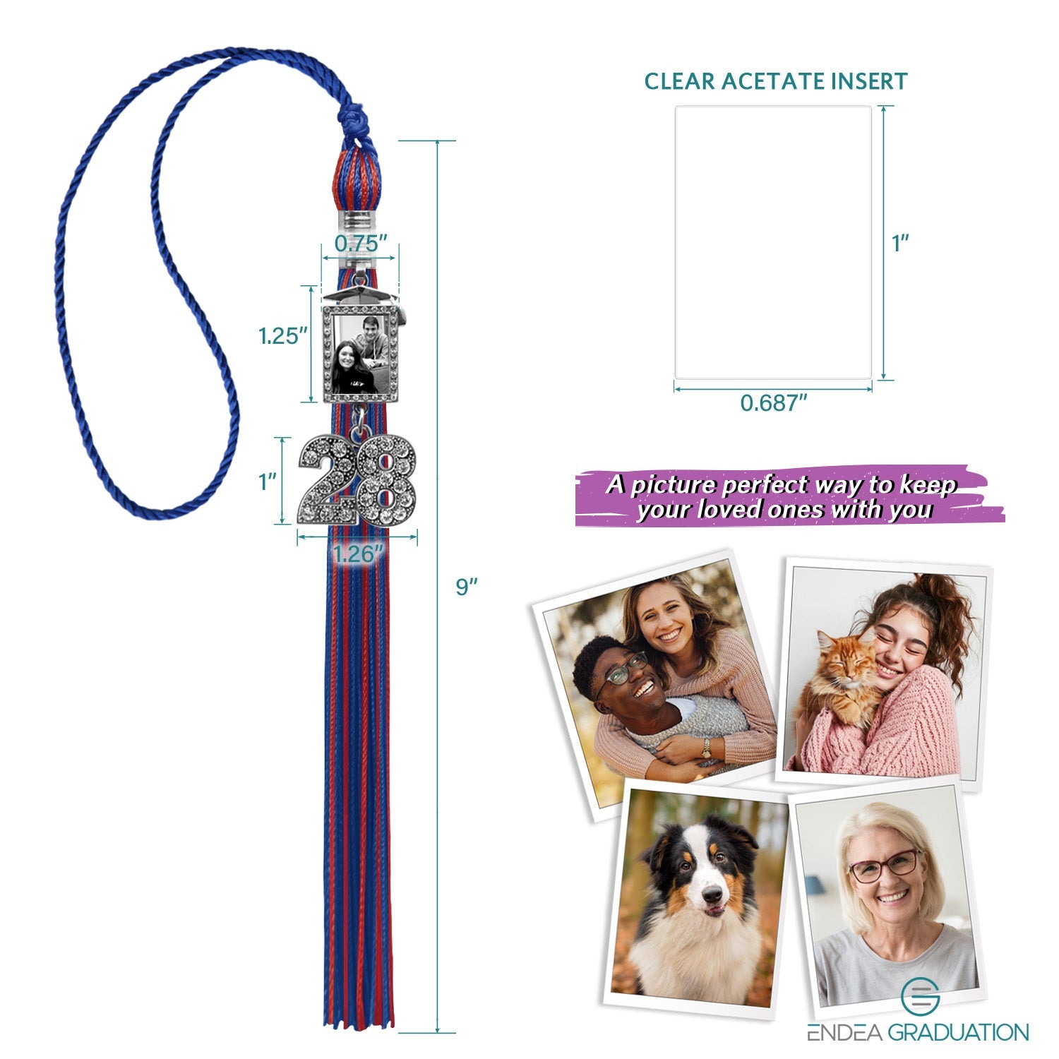 Royal Blue/Red Tassel with Photo Frame Charm and Bling Charm - Endea Graduation