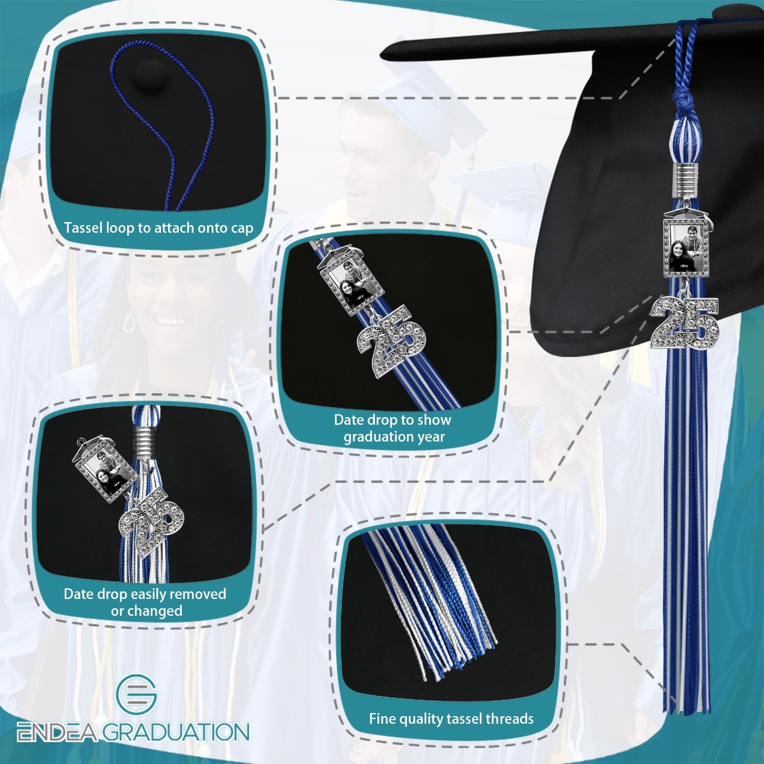 Royal Blue/White Tassel with Photo Frame Charm and Bling Charm - Endea Graduation