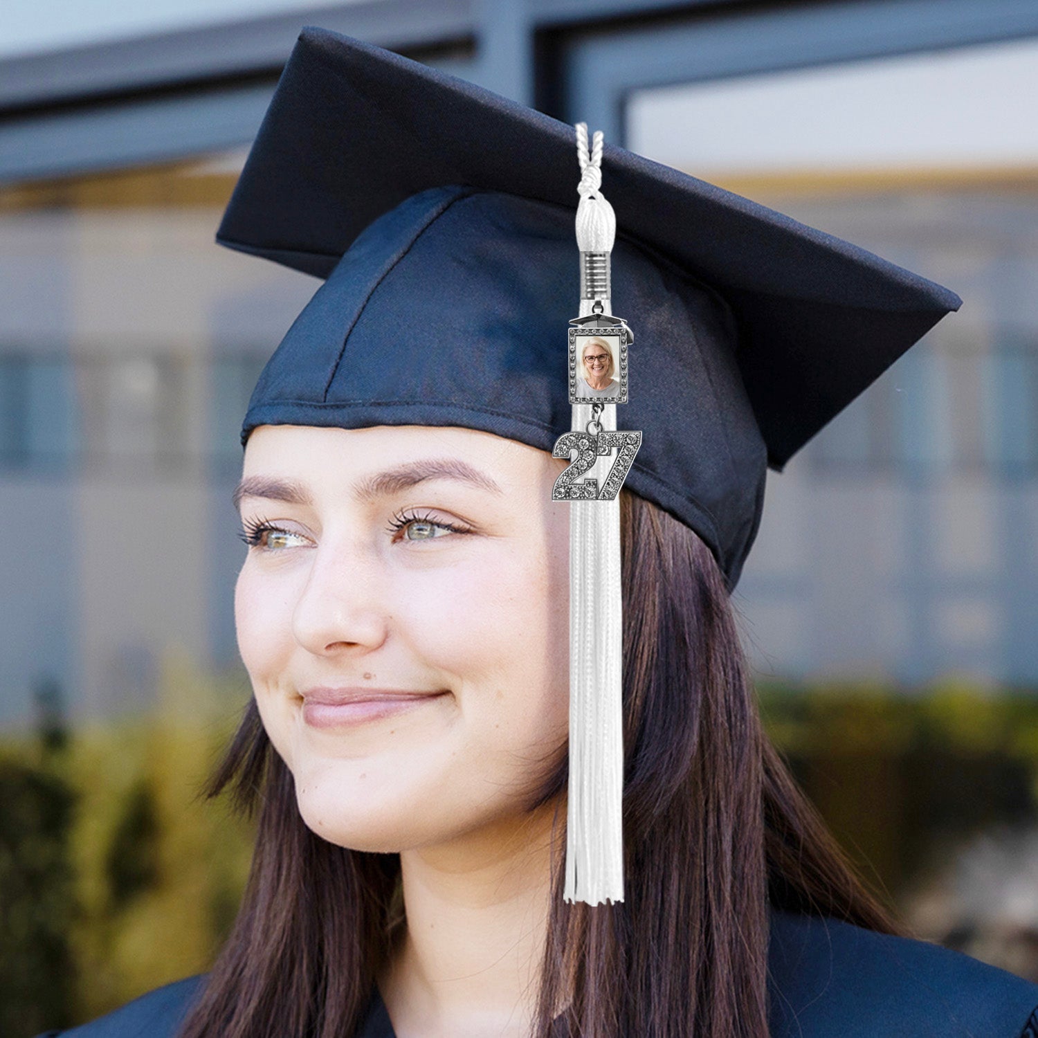 White Tassel with Photo Frame Charm and Bling Charm - Endea Graduation