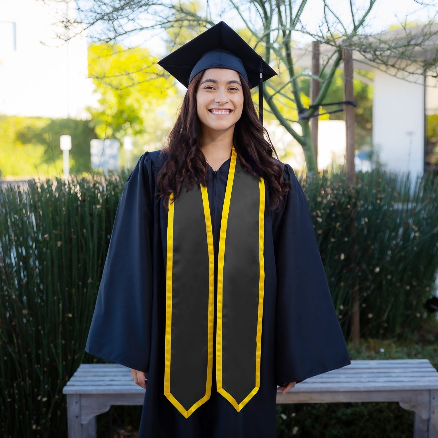 Black/Gold Plain Graduation Stole With Trim Color & Classic End - Endea Graduation