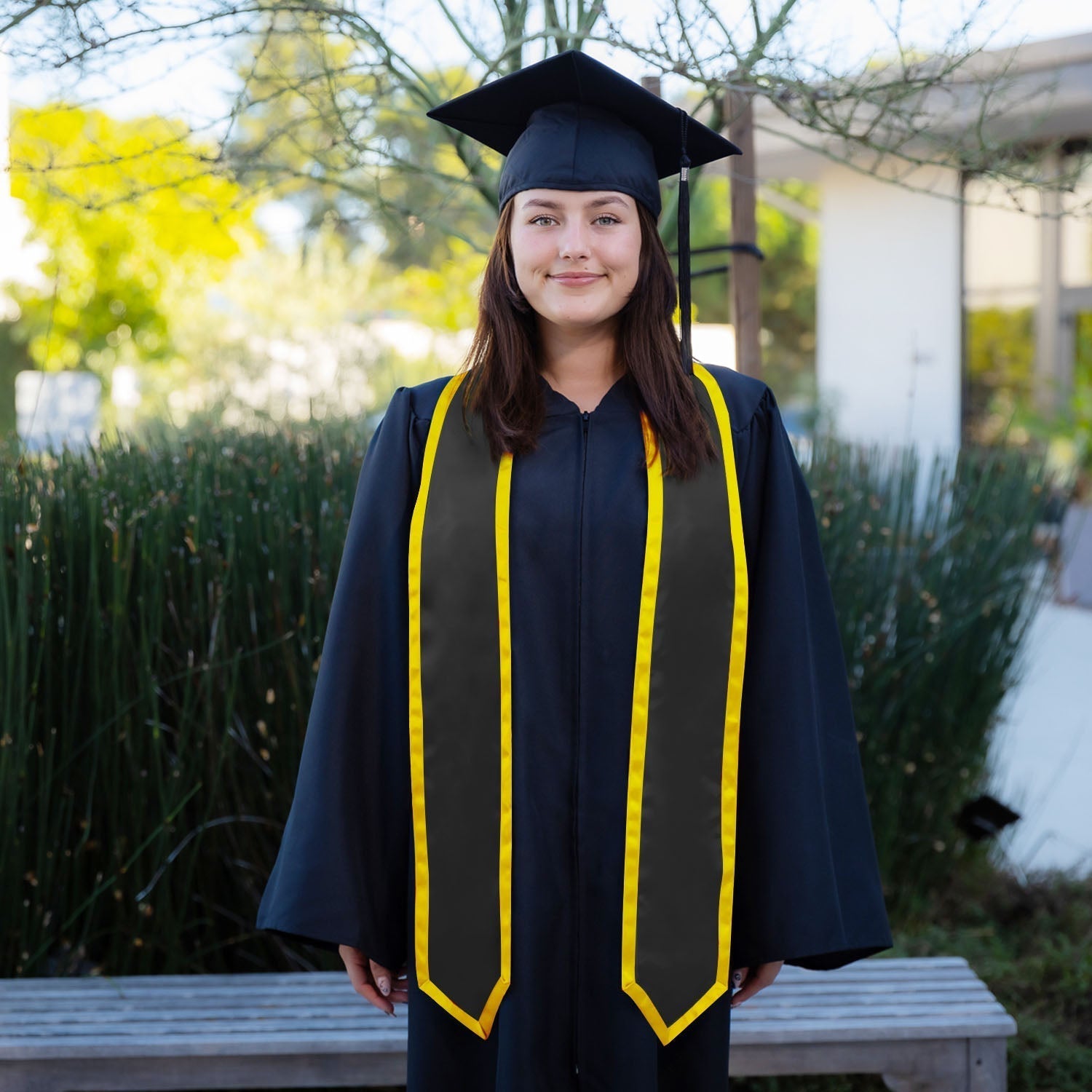 Black/Gold Plain Graduation Stole With Trim Color & Classic End - Endea Graduation