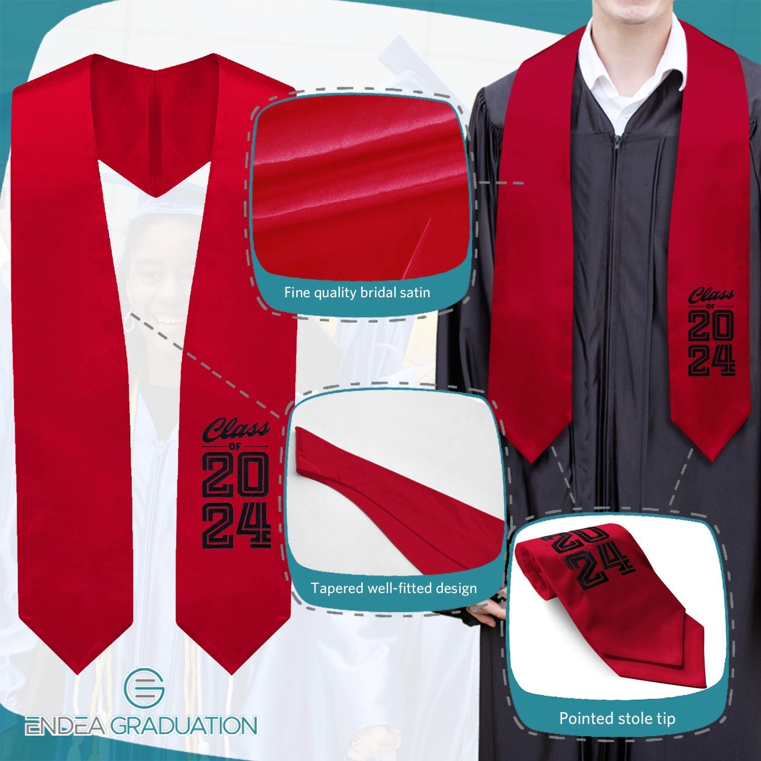 Endea Graduation Stole Class of 2024 With Classic Tips - Unisex Adult - 62" Long - Graduation Sash Red - Endea Graduation