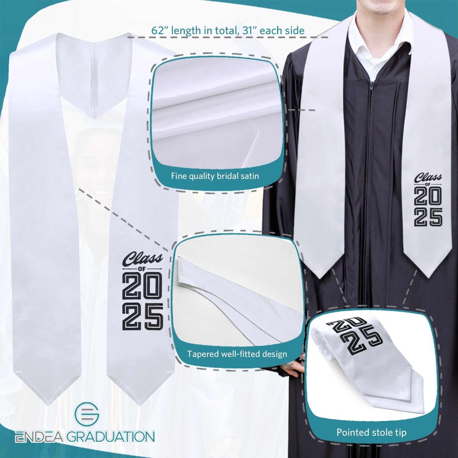 Endea Graduation Stole Class of 2025 With Classic Tips - Unisex Adult - 62" Long - Graduation Sash White - Endea Graduation