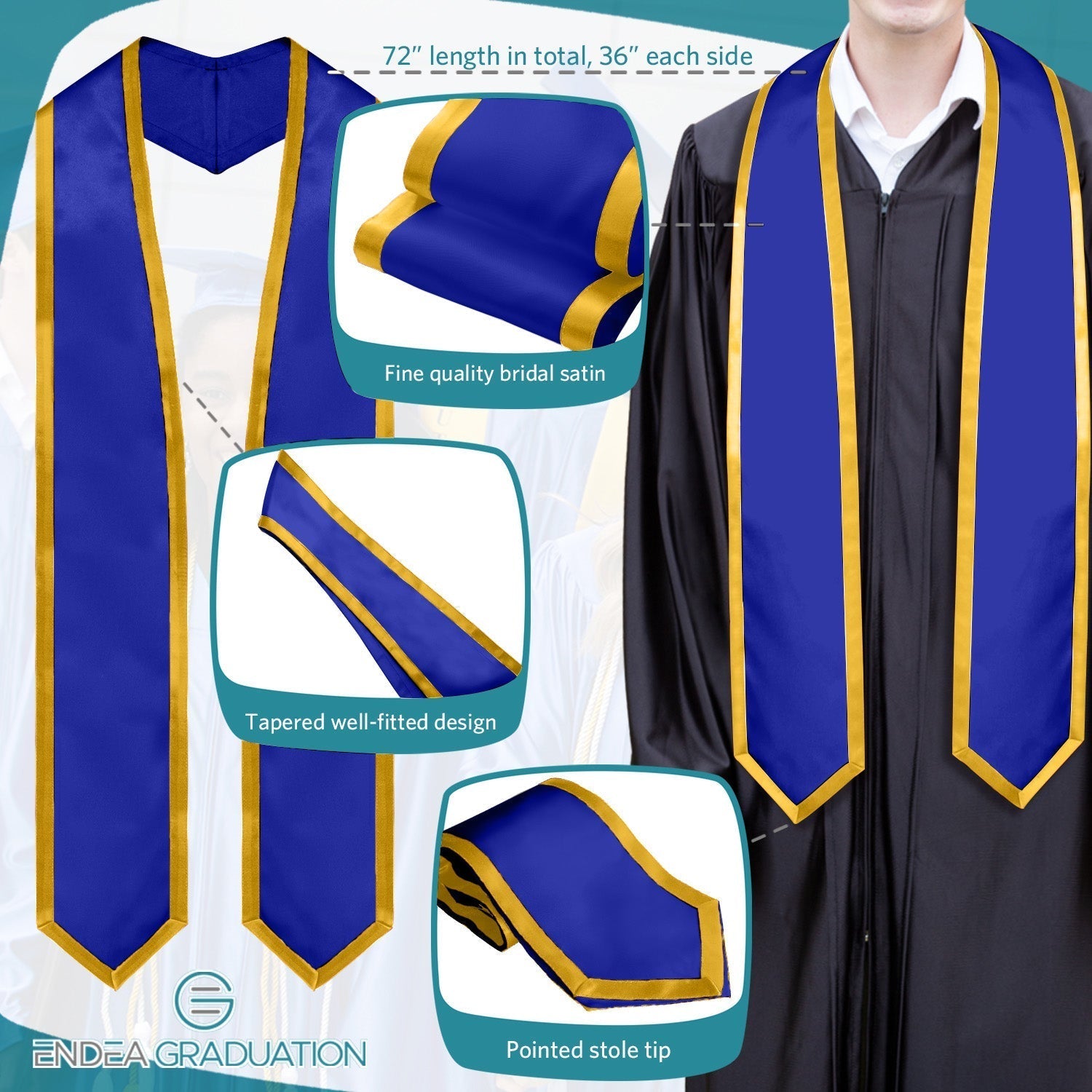 Royal Blue/Gold Plain Graduation Stole With Trim Color & Classic End - Endea Graduation