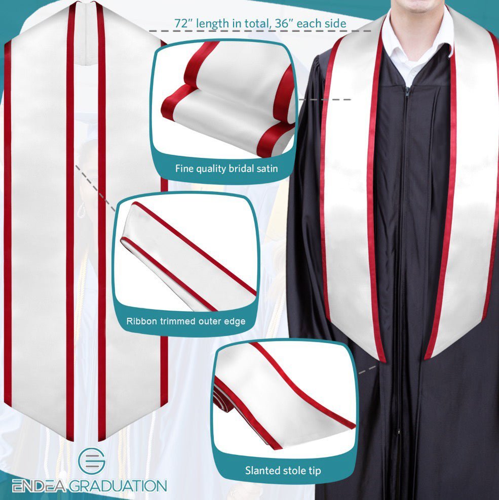 White/Red Plain Graduation Stole With Trim Color & Angled End - Endea Graduation