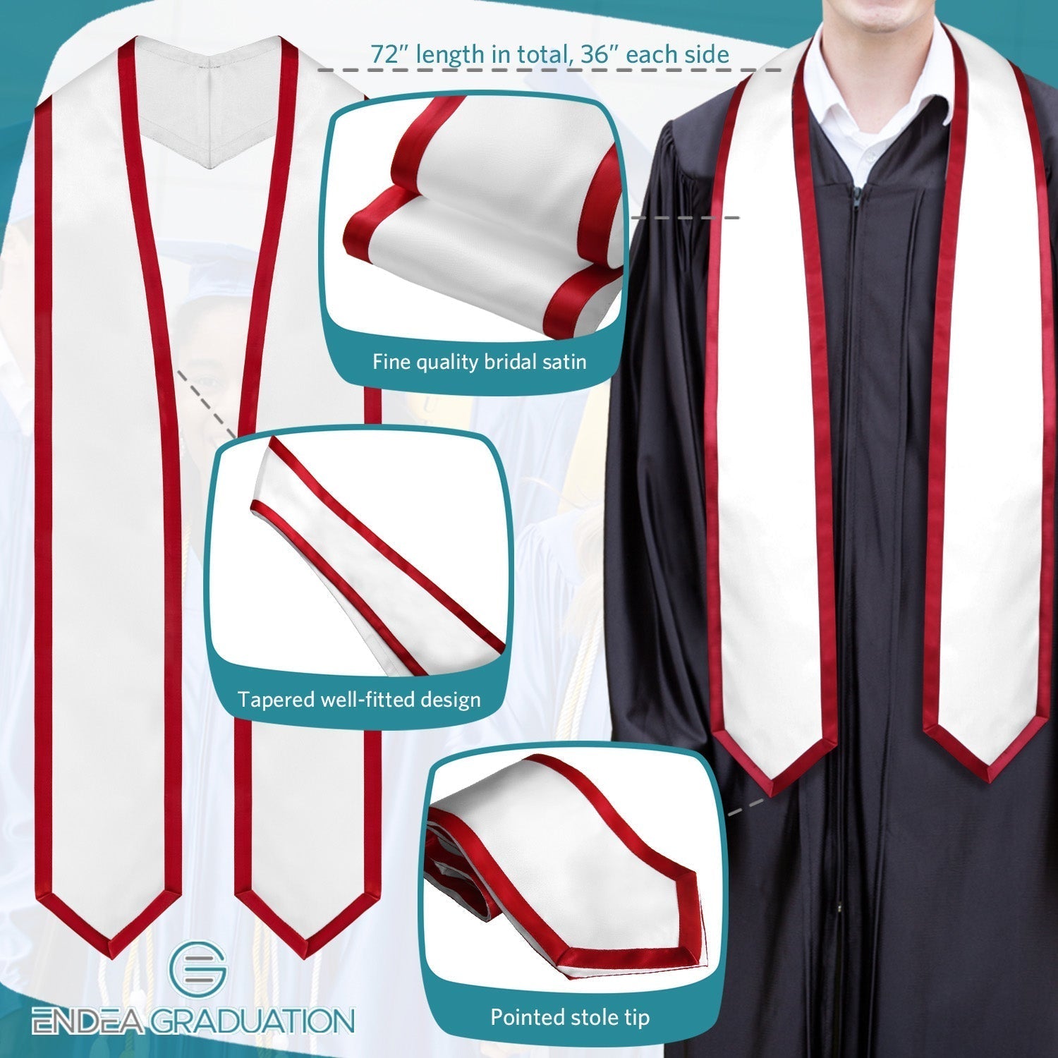 White/Red Plain Graduation Stole With Trim Color & Classic End - Endea Graduation