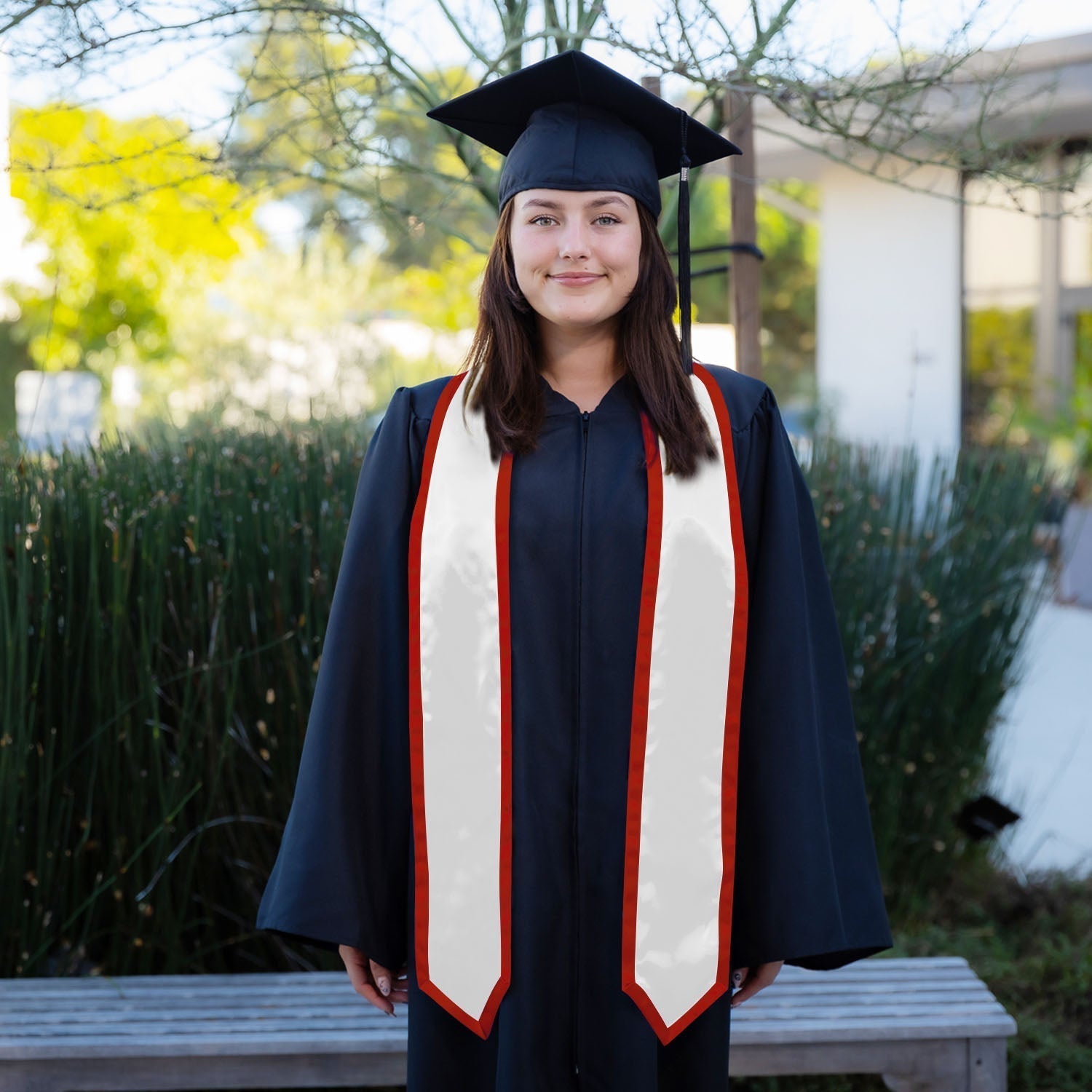White/Red Plain Graduation Stole With Trim Color & Classic End - Endea Graduation