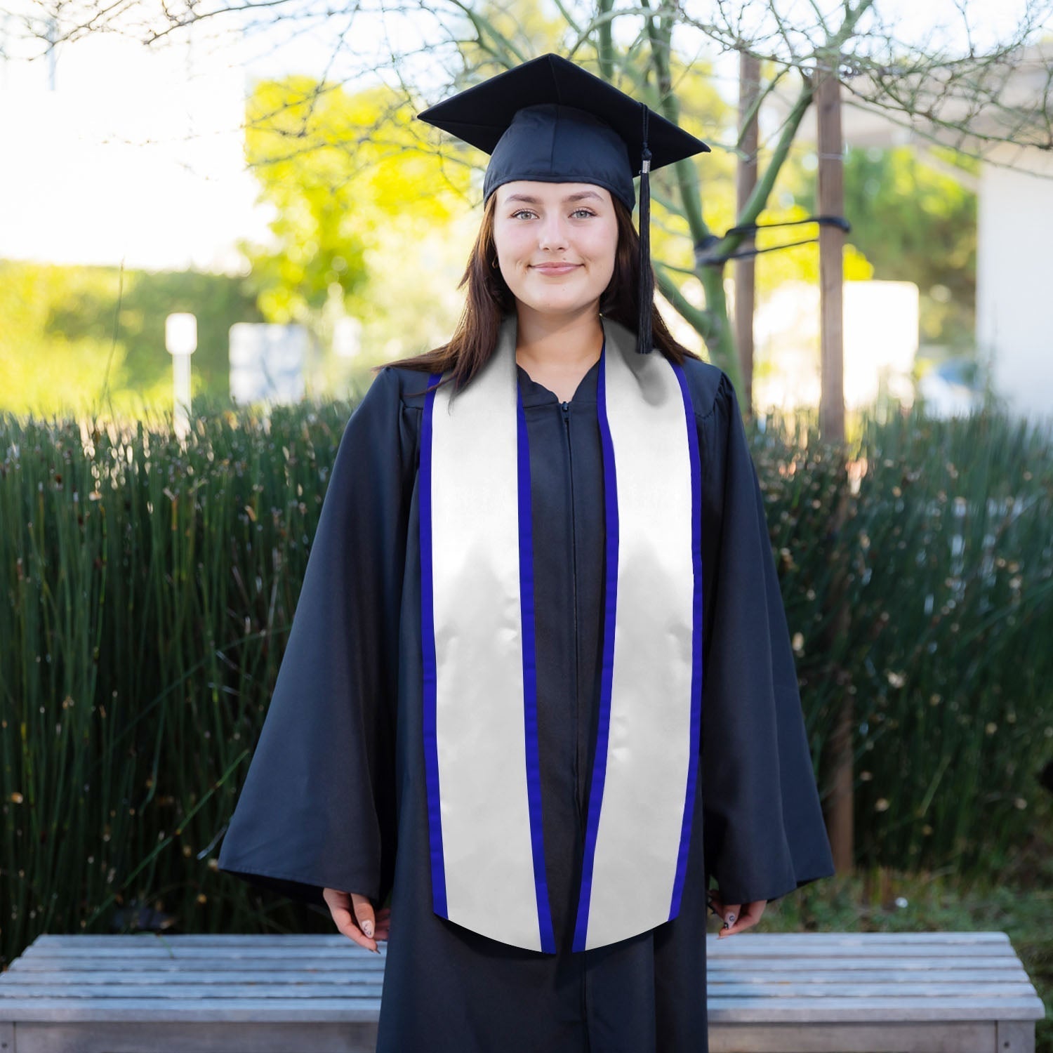 White/Royal Blue Plain Graduation Stole With Trim Color & Angled End - Endea Graduation