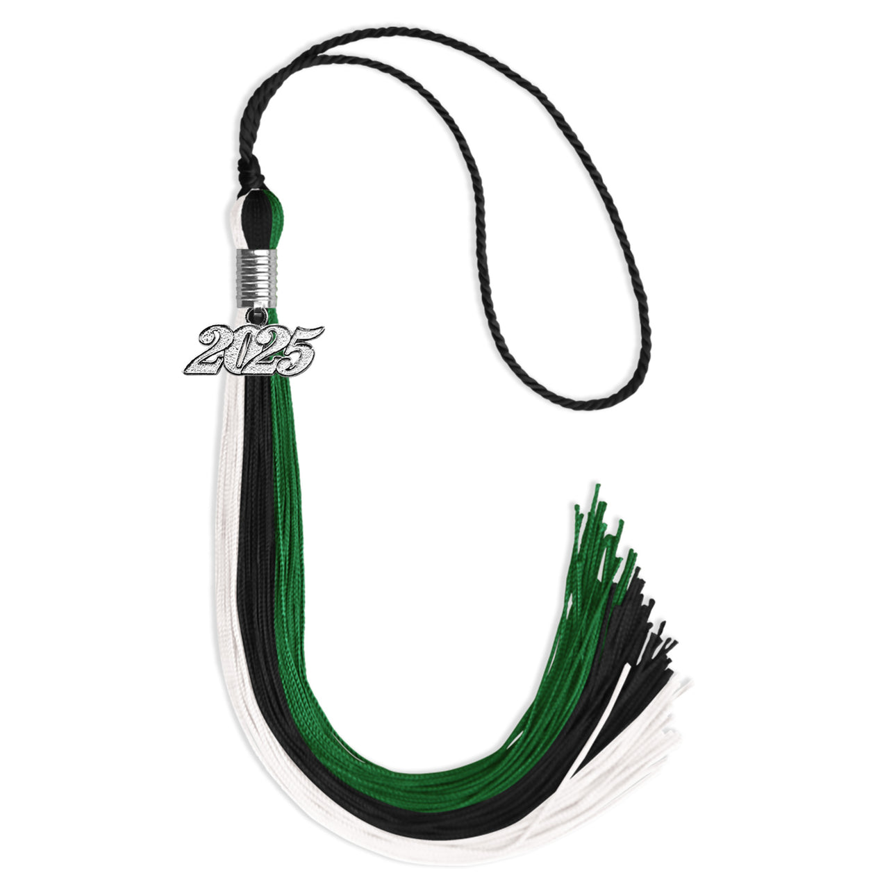 Black/Green/White Graduation Tassel with Silver Date Drop