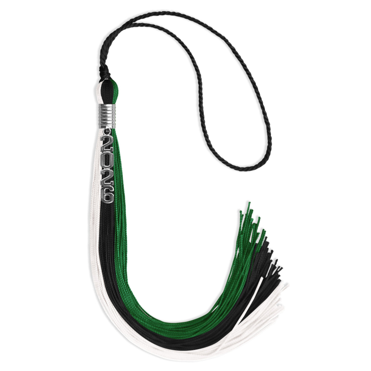 Black/Green/White Graduation Tassel with Silver Stacked Date Drop