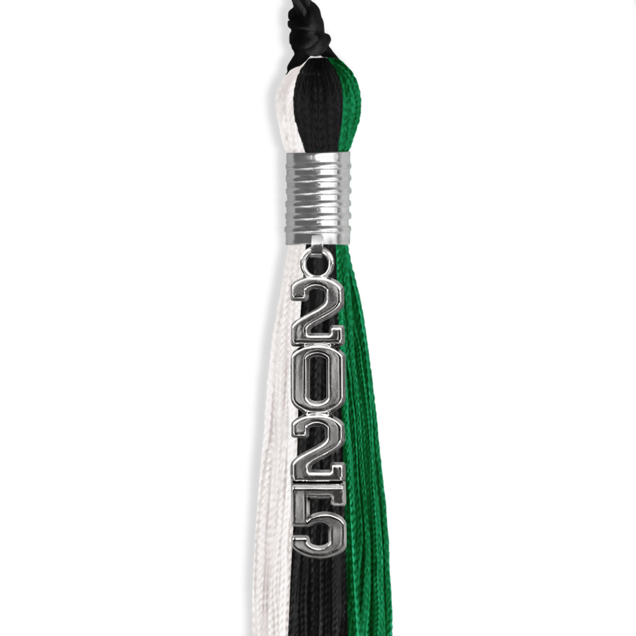 Black/Green/White Graduation Tassel with Silver Stacked Date Drop