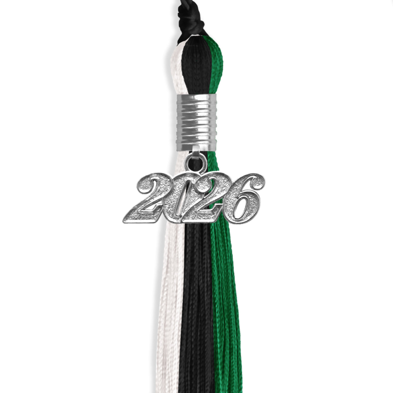 Black/Green/White Graduation Tassel with Silver Date Drop