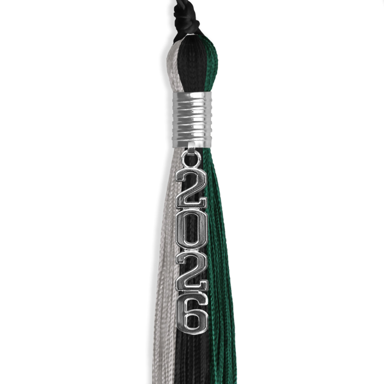 Black/Hunter Green/Silver Graduation Tassel with Silver Stacked Date Drop