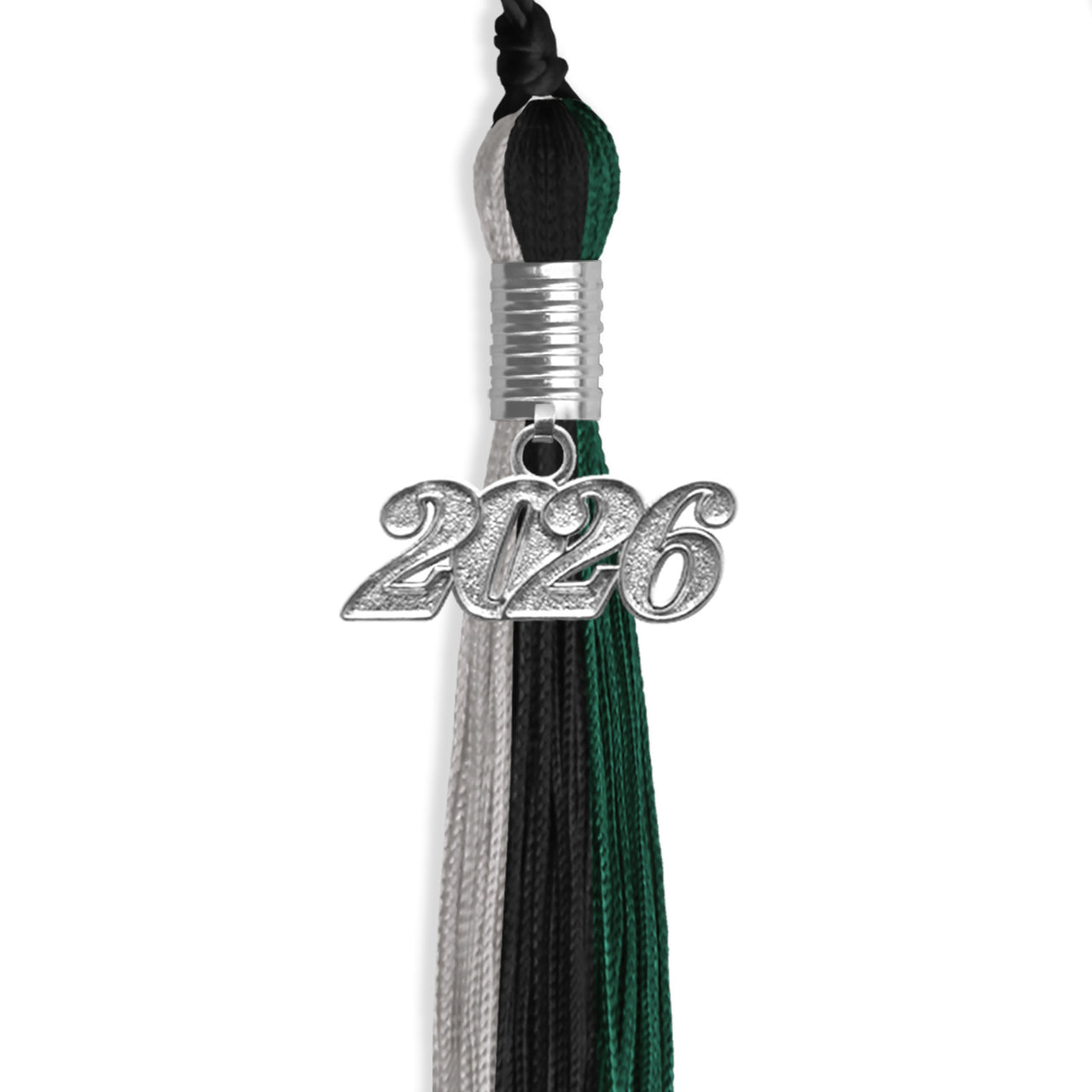 Black/Hunter Green/Silver Graduation Tassel with Silver Date Drop