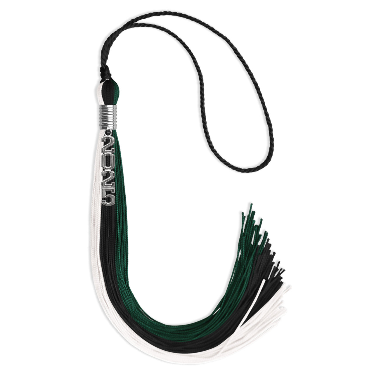 Black/Hunter Green/White Graduation Tassel with Silver Stacked Date Drop