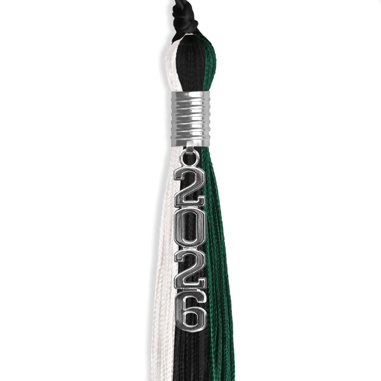 Black/Hunter Green/White Graduation Tassel with Silver Stacked Date Drop