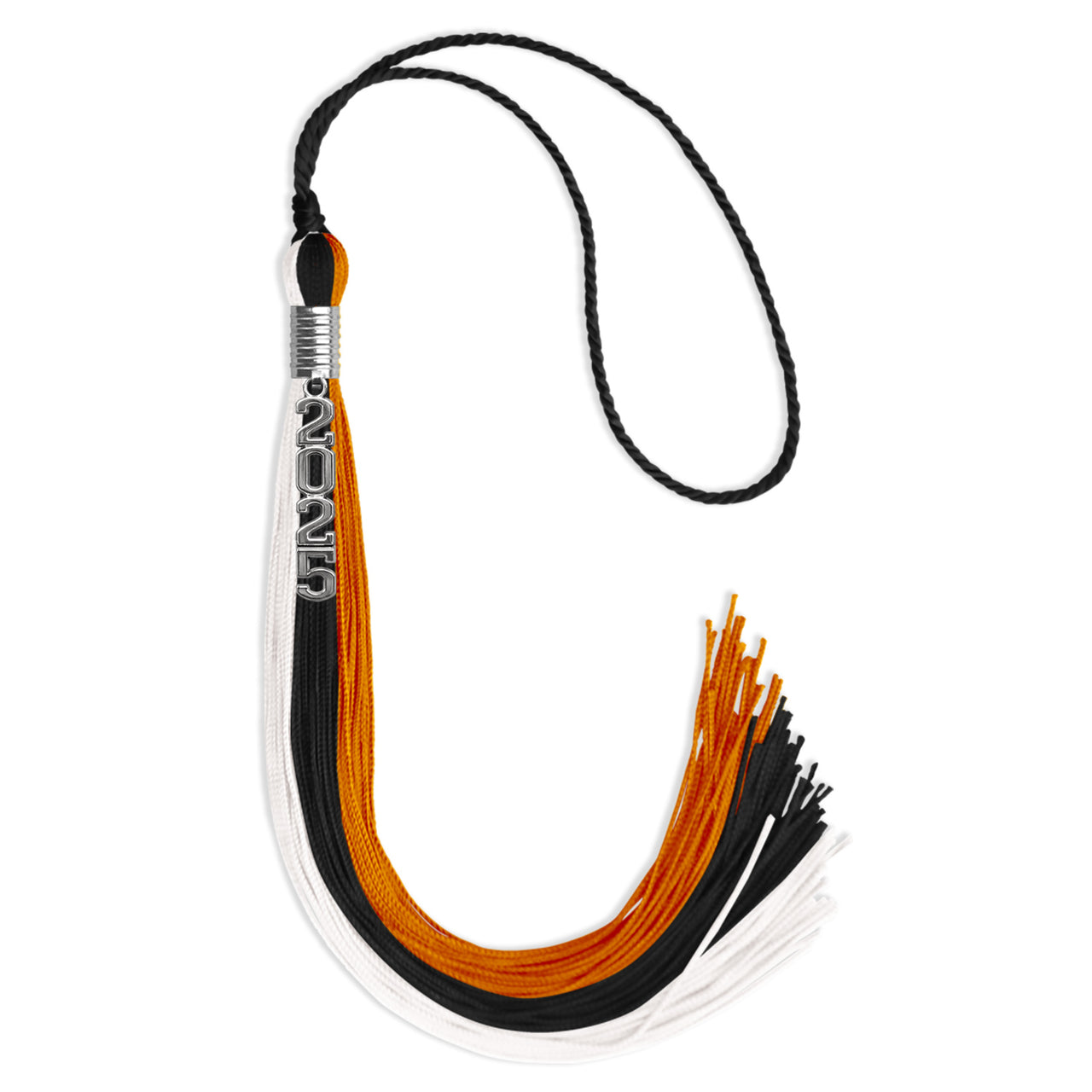 Black/Orange/White Graduation Tassel with Silver Stacked Date Drop